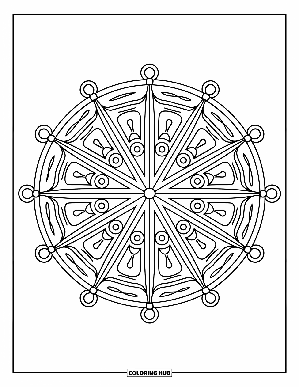 Mandala Coloring Page for Adults: Intricate wheel mandala with decorative divisions and crisp outlines