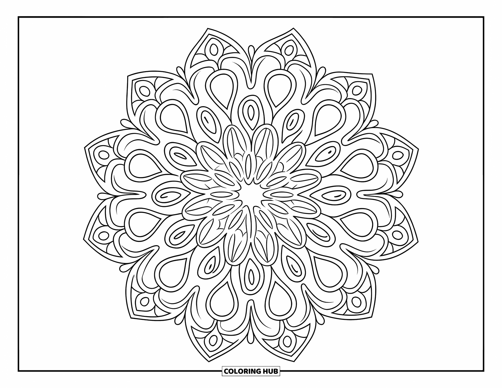Mandala Coloring Page for Adults: Lace-style mandala with loops, arches, and petal forms in perfect symmetry