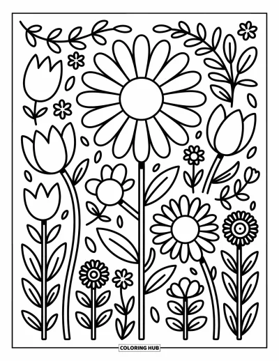 Dibujo de mandalas para colorear para adultos: Margarita grande con flores en capas, enredaderas y capullos en un mandala floral alegre