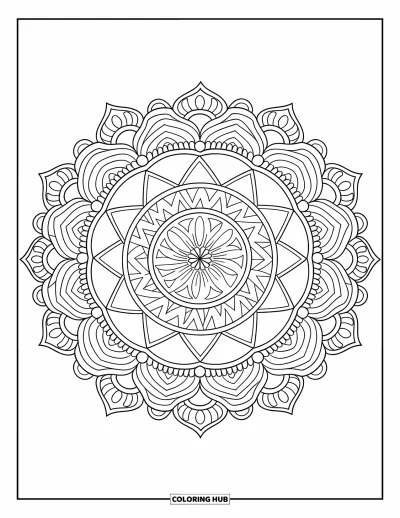 Dibujo de mandalas para colorear para adultos: Mandala en capas con rombos, arcos y finos trazos ondulados