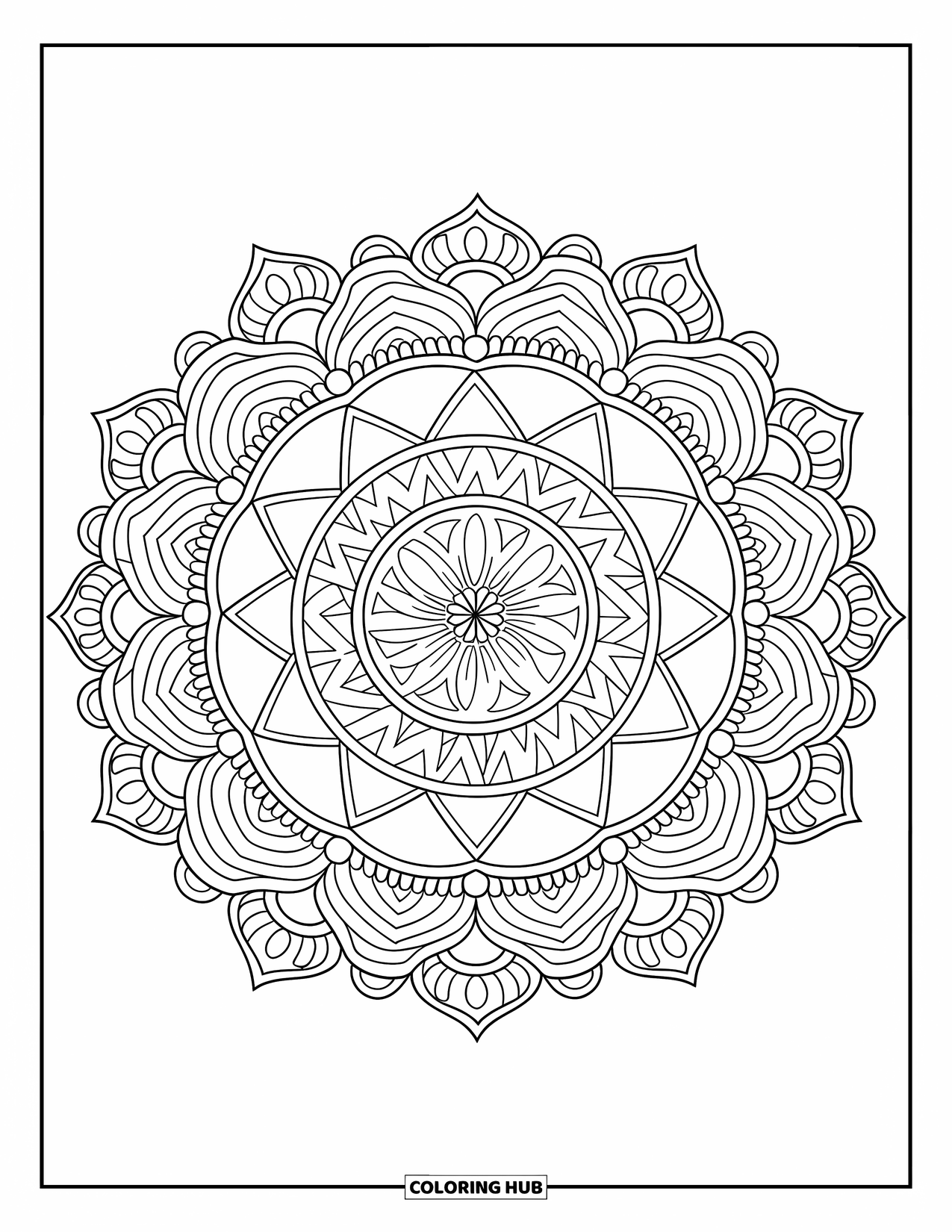 Mandala Coloring Page for Adults: Layered mandala featuring diamonds, arches, and fine-line scrolls