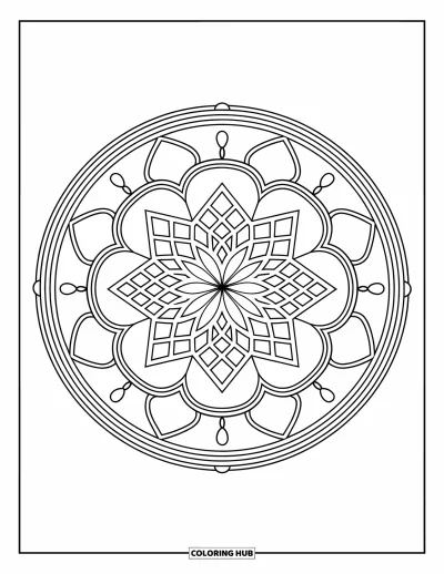 Dibujo de mandalas para colorear para adultos: Mandala en capas con trama de rombos y elegantes patrones ondulados