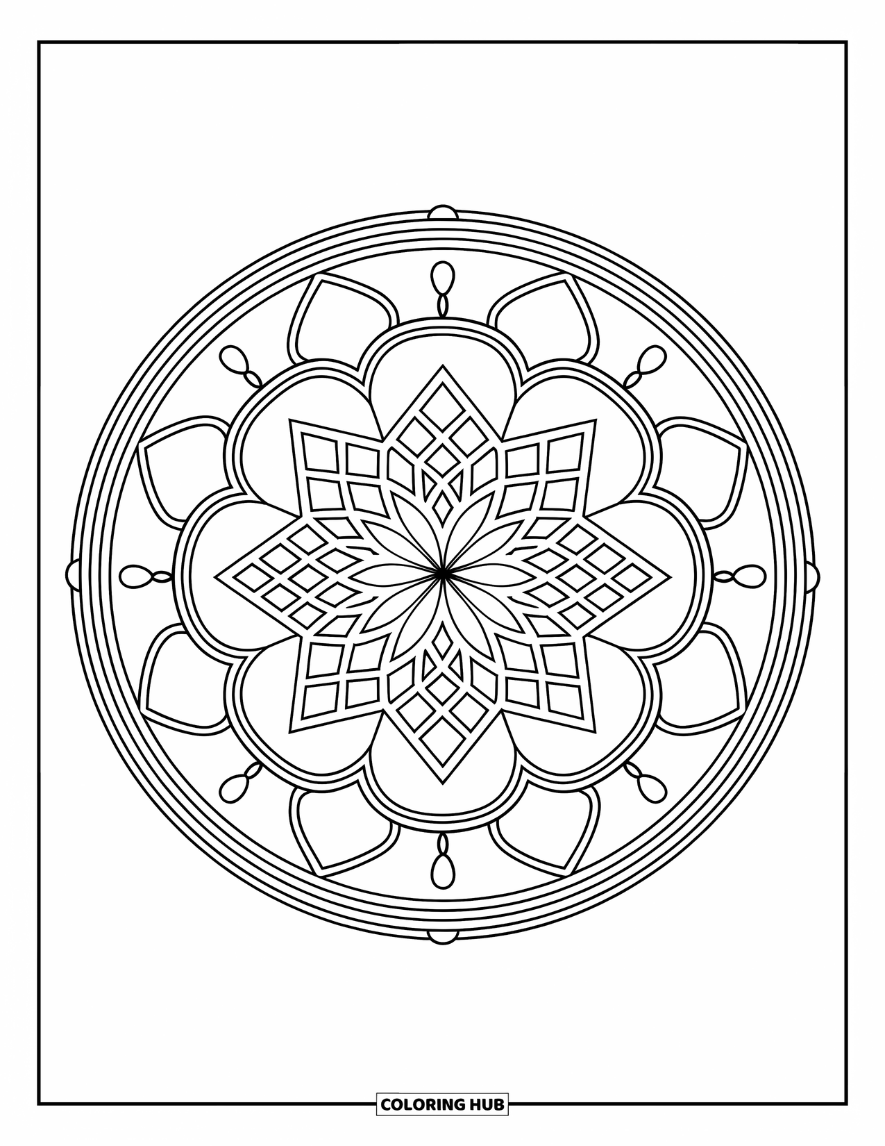 Mandala Coloring Page for Adults: Layered mandala with diamond lattice and graceful scroll patterns