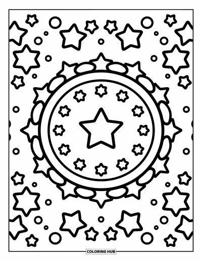 Dibujo de mandalas para colorear para adultos: Formas de estrellas en capas con pequeños destellos y círculos en un diseño espacial alegre