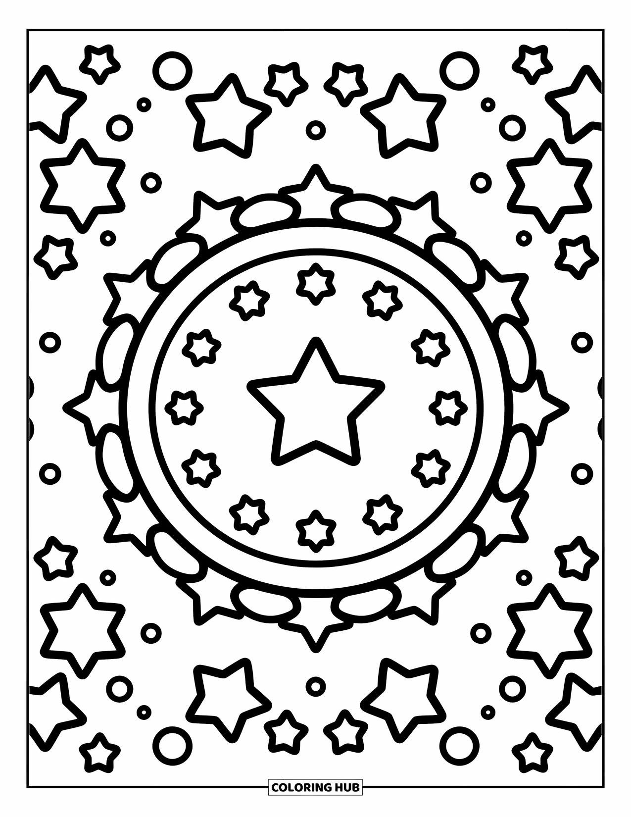 Mandala Coloring Page for Adults: Layered star shapes with tiny sparkles and circles in a playful spacey design