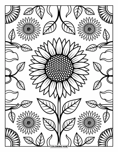 Dibujo de mandalas para colorear para adultos: Pétalos de girasol en capas con semillas, hojas y anillos punteados