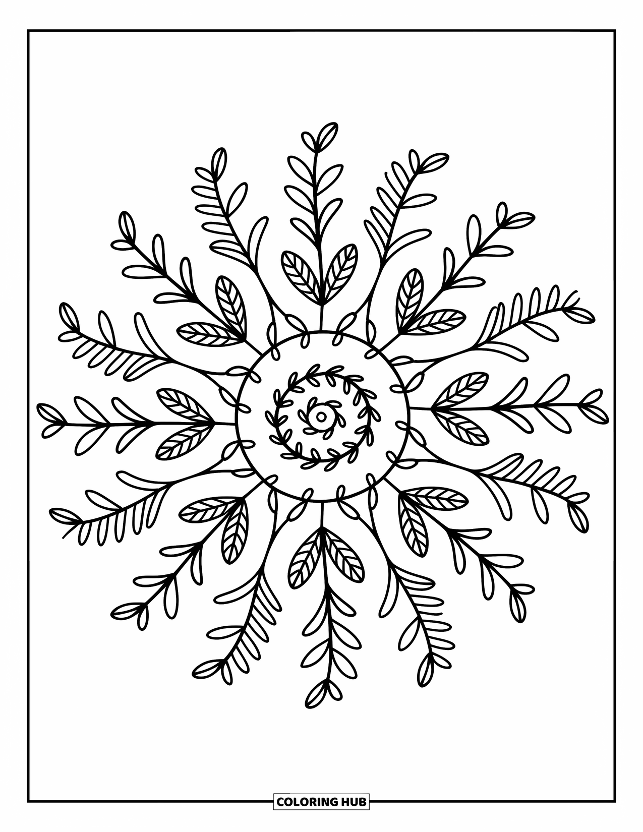 Mandala Coloring Page for Adults: Leafy mandala with vines, ferns, and dot clusters in soft patterns