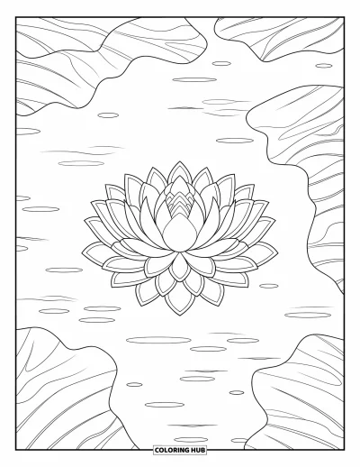 Dibujo de mandalas para colorear para adultos: Flor de loto flotando en una tranquila escena de estanque
