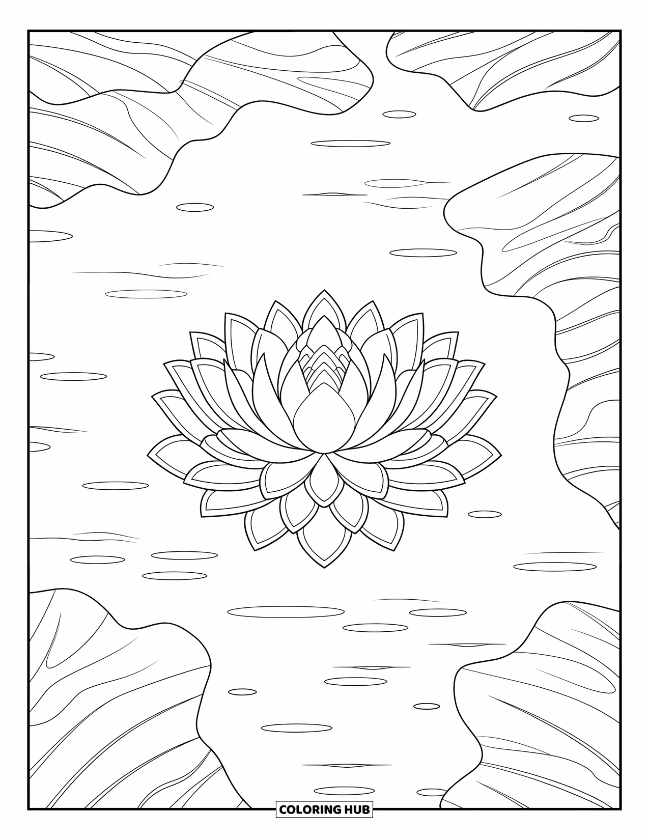 Mandala Coloring Page for Adults: Lotus bloom floating on a peaceful pond scene