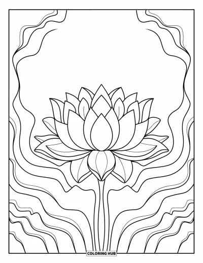 Dibujo de mandalas para colorear para adultos: Flor de loto con pétalos en capas y suaves curvas de hojas