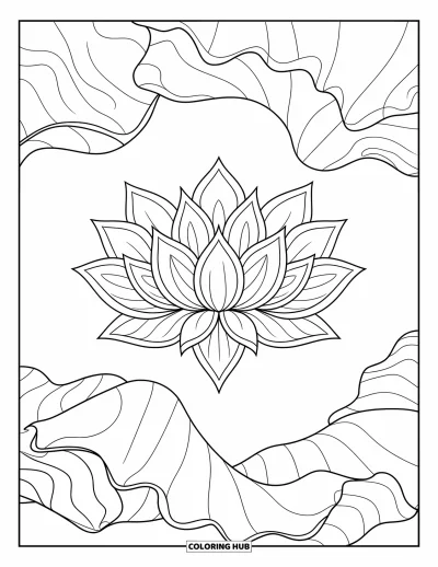 Dibujo de mandalas para colorear para adultos: Loto con pétalos simétricos y contornos de hojas fluidos