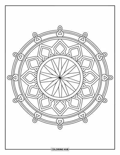 Dibujo de mandalas para colorear para adultos: Mandala con cuadrículas de rombos y elegante trabajo de volutas en los bordes