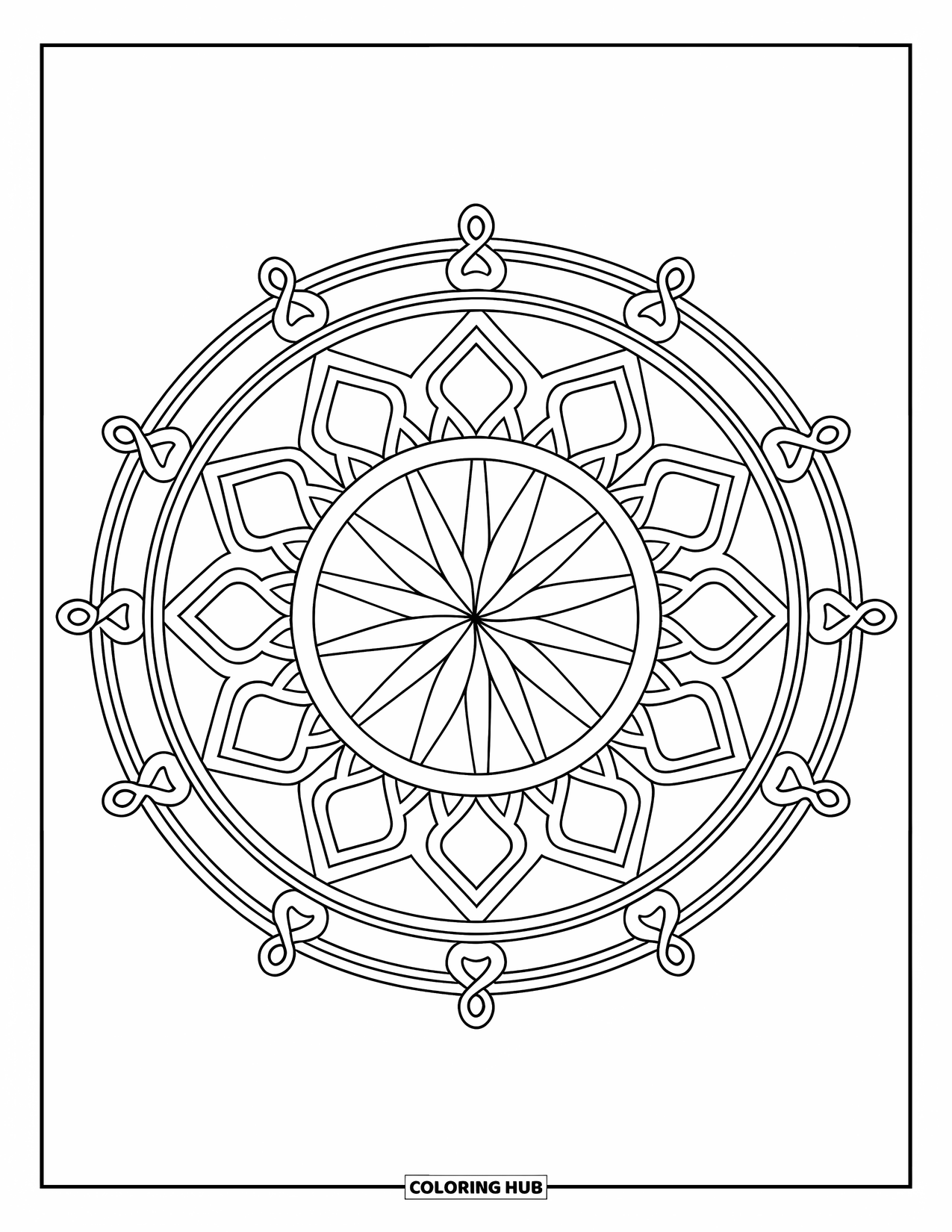Mandala Coloring Page for Adults: Mandala with diamond grids and elegant scrollwork around the edges