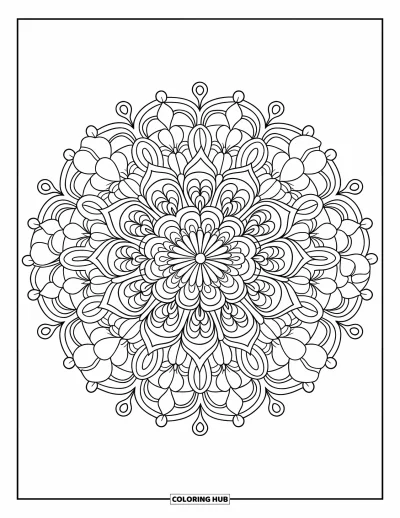 Dibujo de mandalas para colorear para adultos: Mandala con pequeñas flores y anillos ornamentados formando un patrón circular