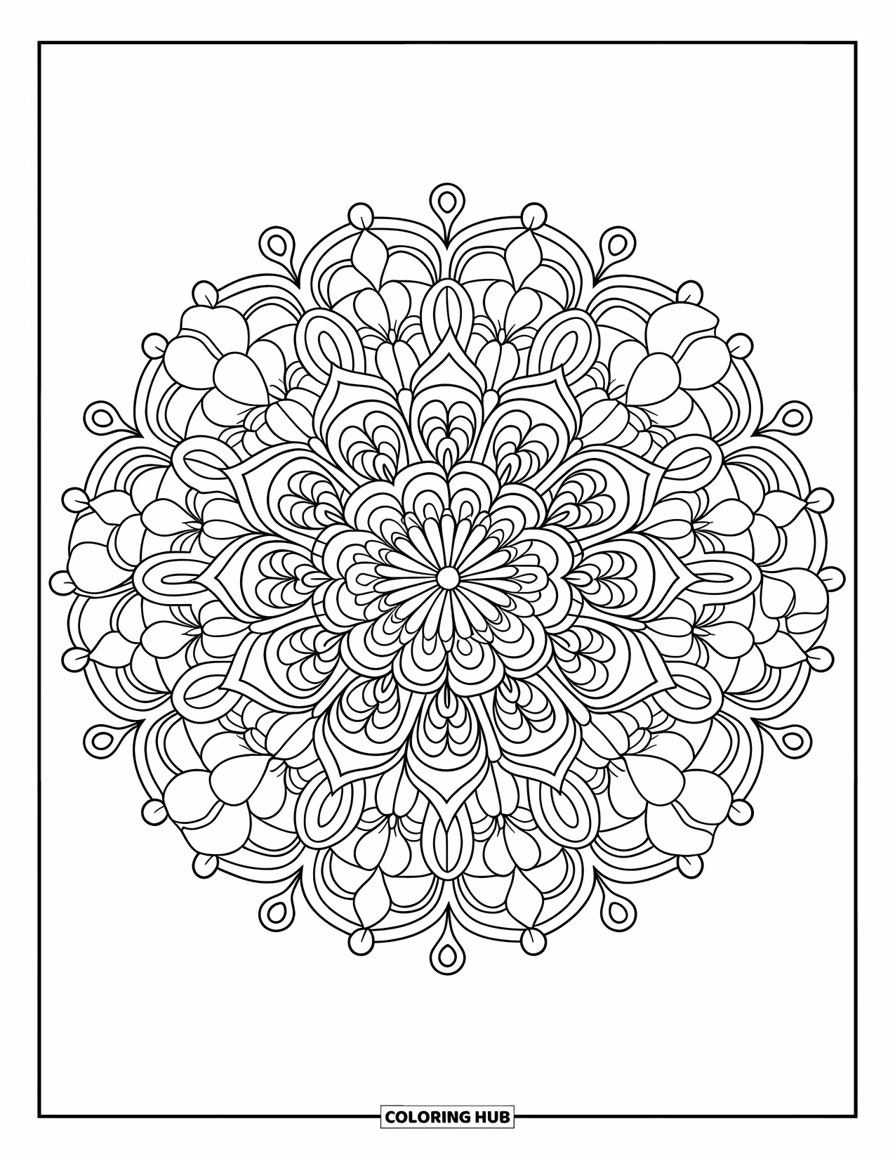 Mandala Coloring Page for Adults: Mandala with tiny florals and ornate rings forming a circular pattern