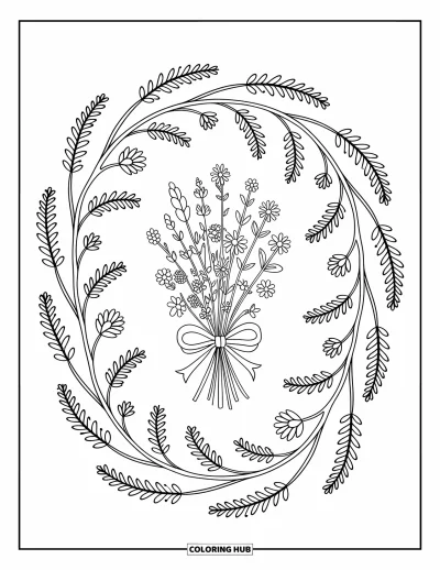 Dibujo de mandalas para colorear para adultos: Mini ramo con ramitas y cápsulas formando un suave círculo floral de aire libre