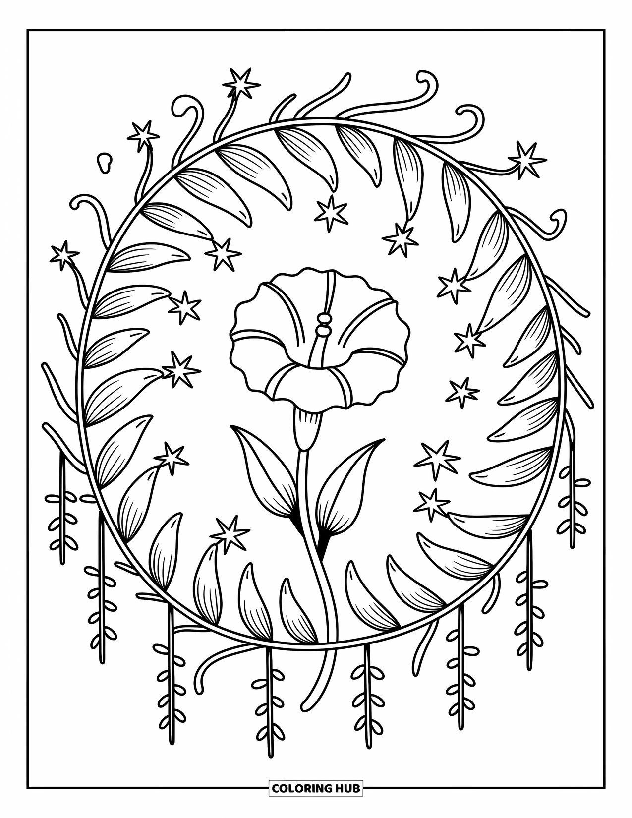 Mandala Coloring Page for Adults: Morning glory bloom with curling tendrils and floating stars in a dreamy ring
