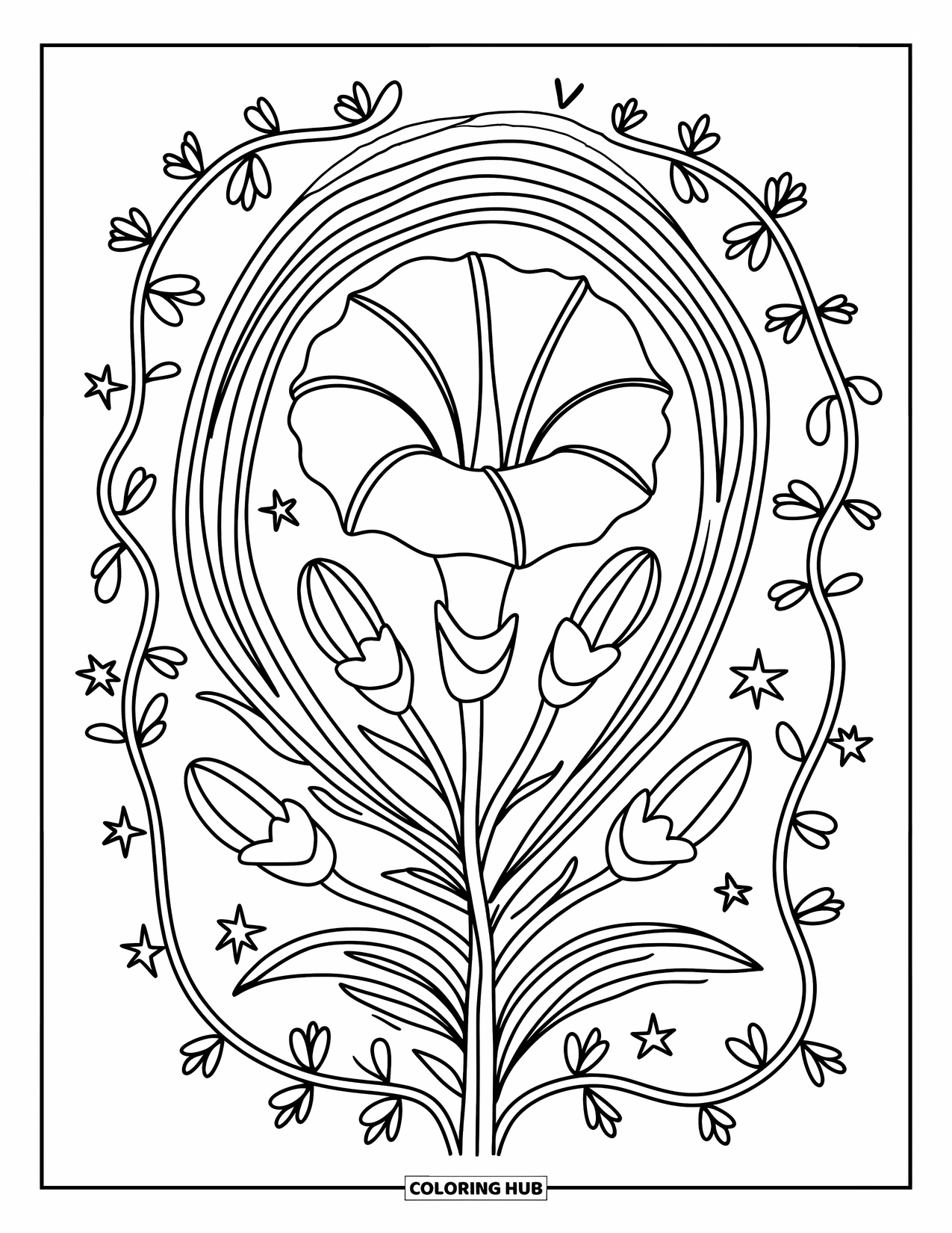 Mandala Coloring Page for Adults: Morning glory with loops, vines, and little star-shaped flowers in soft circles