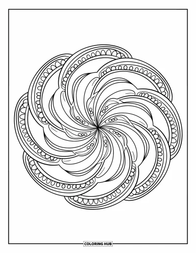 Dibujo de mandalas para colorear para adultos: Mandala de bandas superpuestas con formas en espiral y acentos de puntos