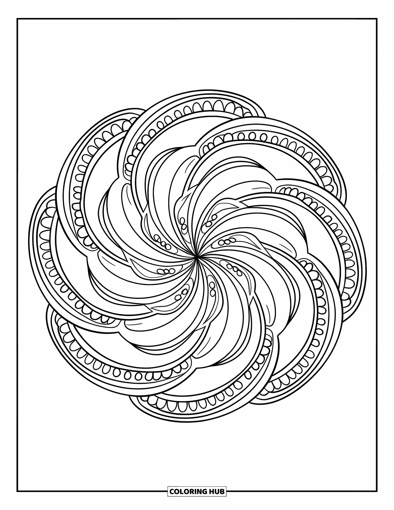 Mandala Coloring Page for Adults: Overlapping band mandala with swirling shapes and dot accents