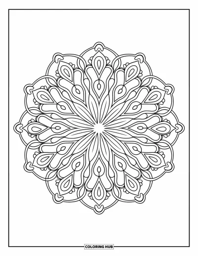 Dibujo de mandalas para colorear para adultos: Mandala de paisley y gotas que forma un complejo diseño circular
