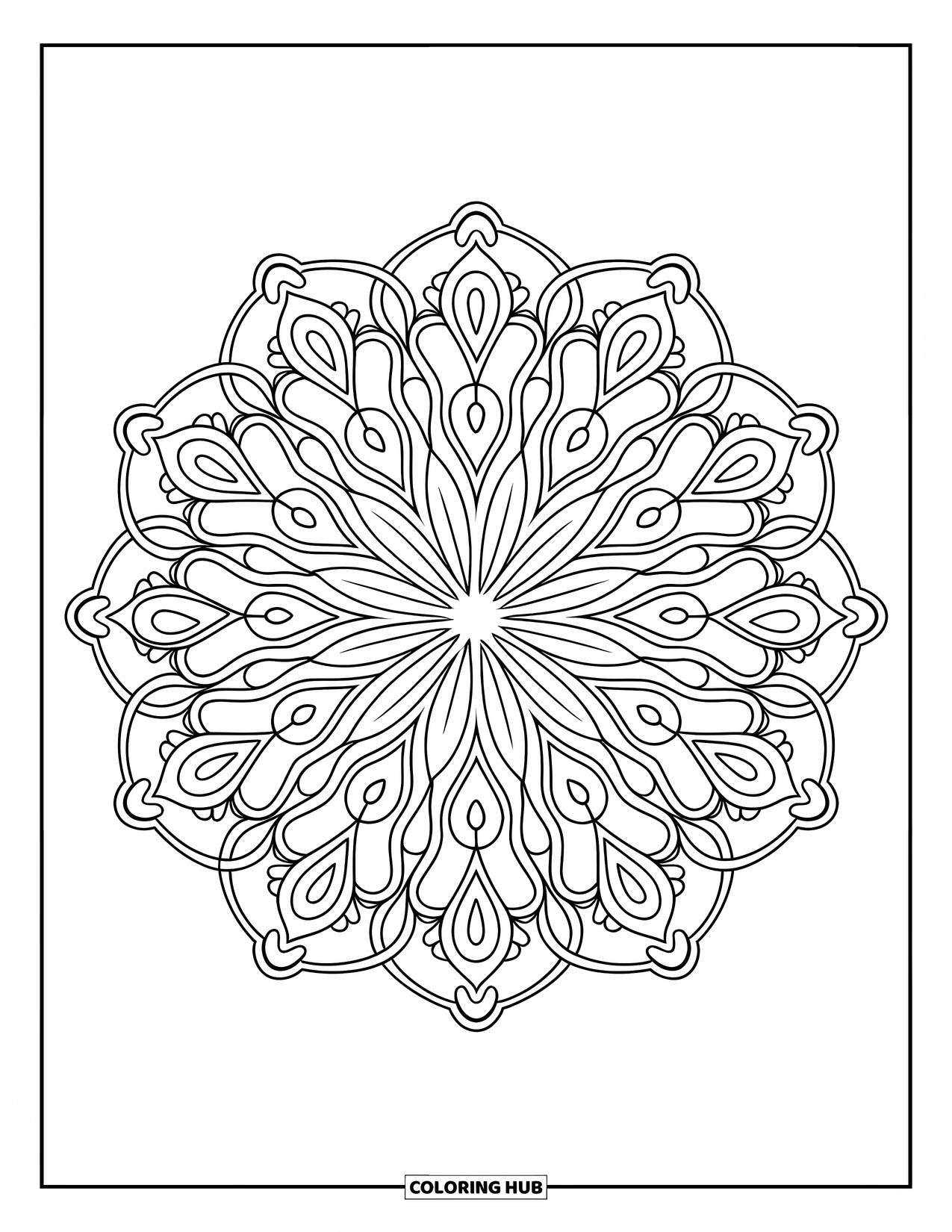 Mandala Coloring Page for Adults: Paisley and teardrop mandala forming a complex ring design
