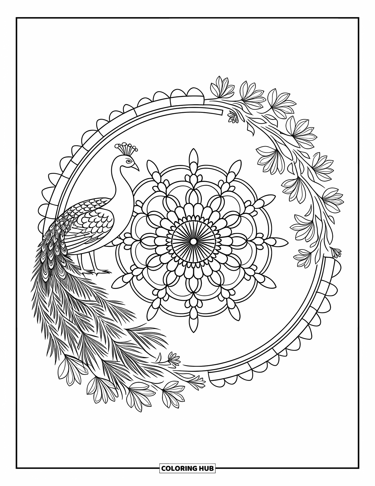 Mandala Coloring Page for Adults: Peacock and floral mandala with balanced symmetry and bold lines