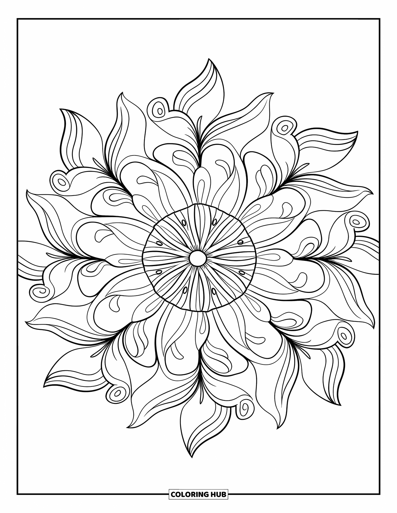 Mandala Coloring Page for Adults: Petal-based mandala with delicate filigree lines and curling leaf accents