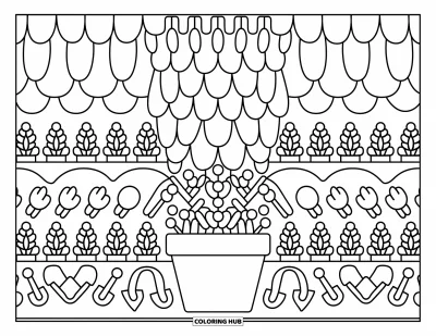 Dibujo de mandalas para colorear para adultos: Maceta de flores con palitas, hojas y regaderas alrededor