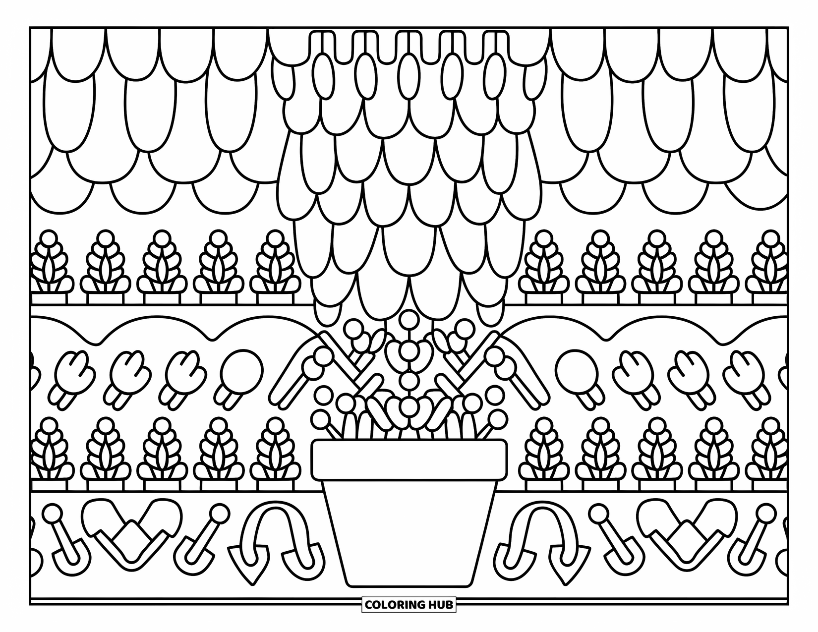 Mandala Coloring Page for Adults: Pot of flowers with tiny shovels, leaves, and watering cans all around