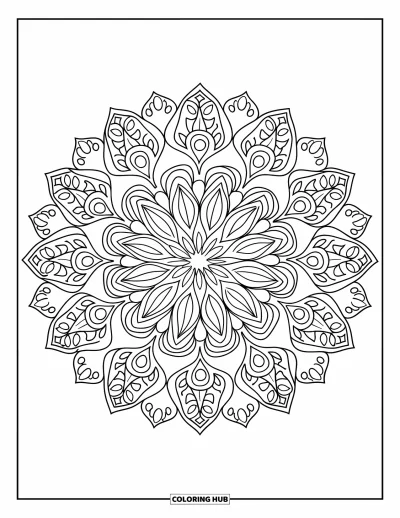 Dibujo de mandalas para colorear para adultos: Mandala radial con formas de paisley, gotas y hojas en un anillo decorativo