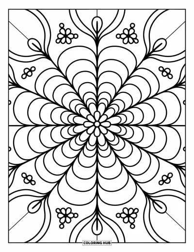 Dibujo de mandalas para colorear para adultos: Anillos de pétalos y capullos alrededor de un centro floral en estilo cálido