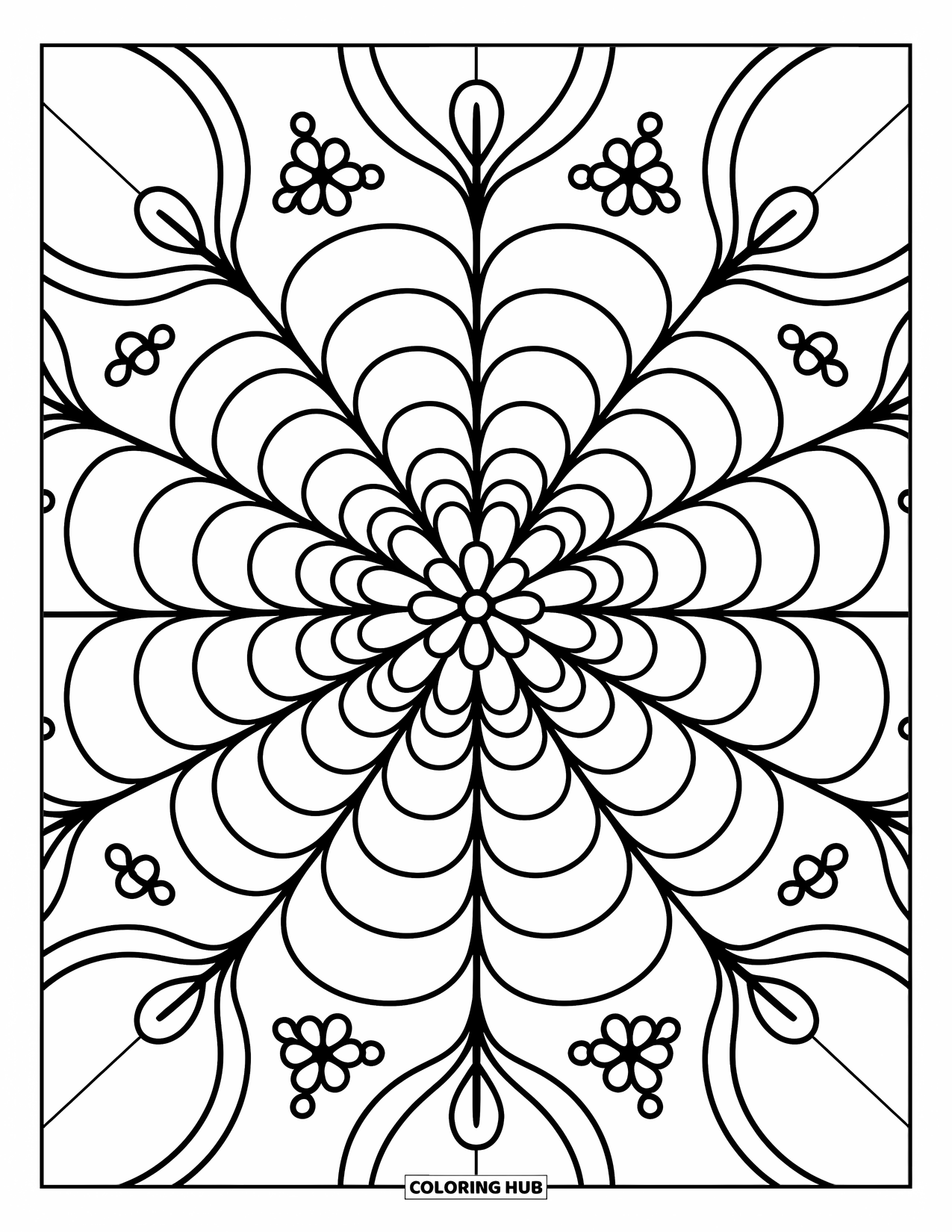 Mandala Coloring Page for Adults: Rings of petals and buds surrounding a floral center in a cozy style