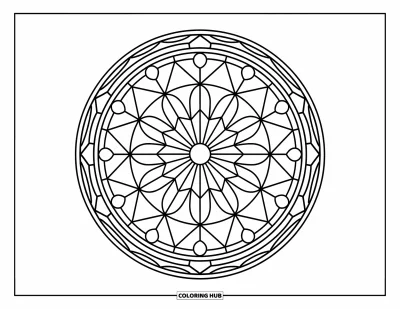 Dibujo de mandalas para colorear para adultos: Mandala inspirado en rosetones con borde decorativo y detalles geométricos