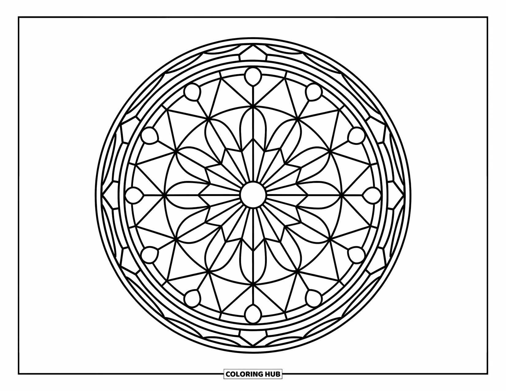 Mandala Coloring Page for Adults: Rose window-inspired mandala with a decorative border and geometric details