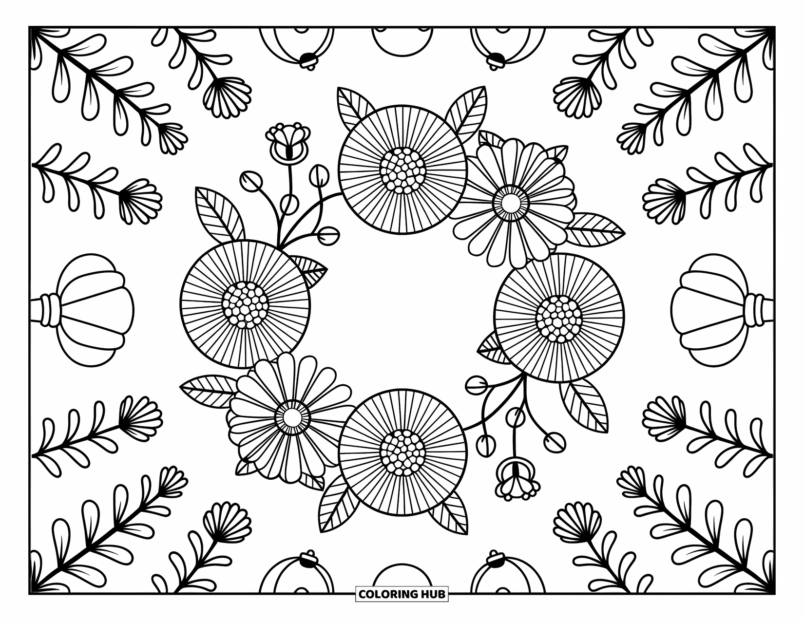 Mandala Coloring Page for Adults: Round floral wreath with tiny bells, berries, and leafy arches