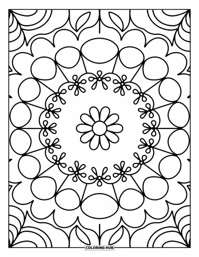 Dibujo de mandalas para colorear para adultos: Centro de flor pequeña con pétalos suaves, hojas y anillos florales punteados