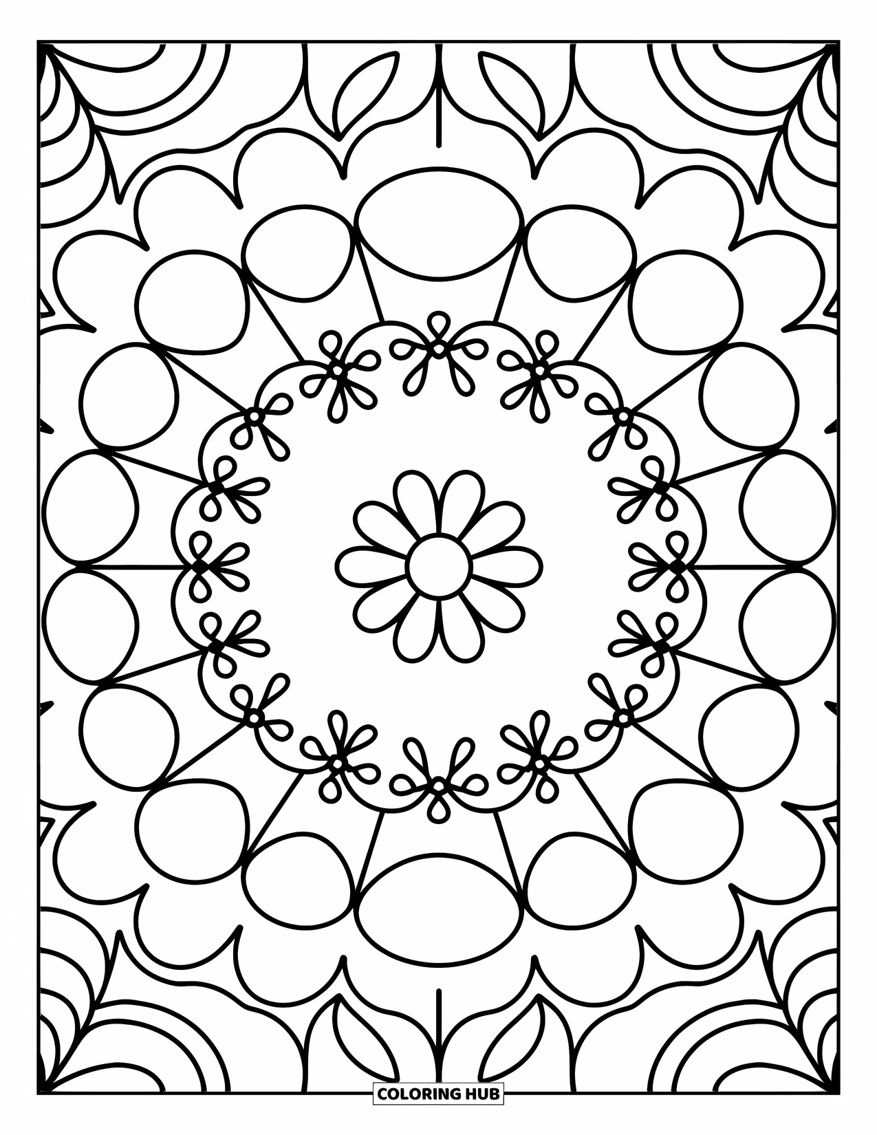 Mandala Coloring Page for Adults: Small flower center with soft petals, leaves, and dotted floral rings