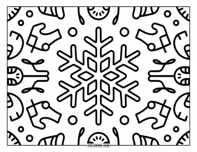 Dibujo de mandalas para colorear para adultos: Copo de nieve rodeado de estrellas, puntos suaves y elementos de garabato acogedores