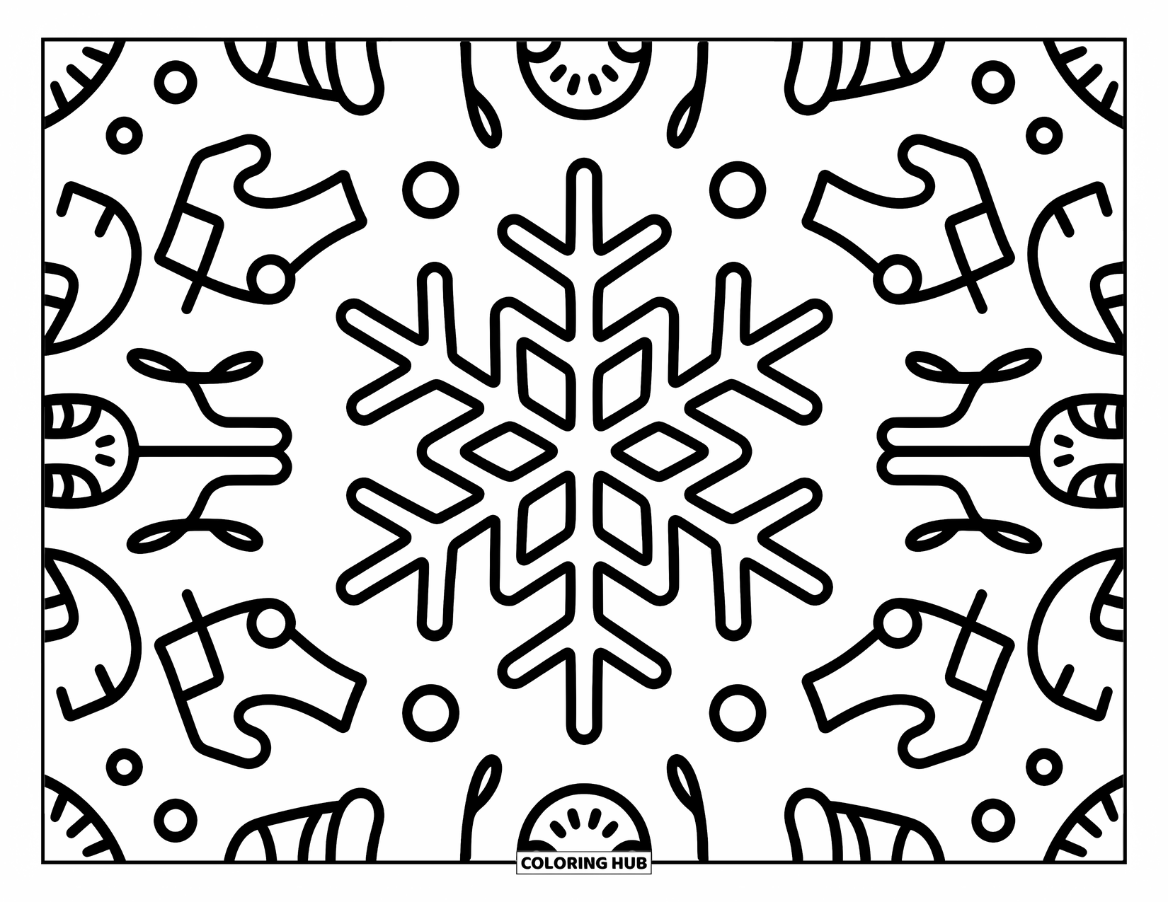 Mandala Coloring Page for Adults: Snowflake surrounded by stars, soft dots, and cozy doodle elements