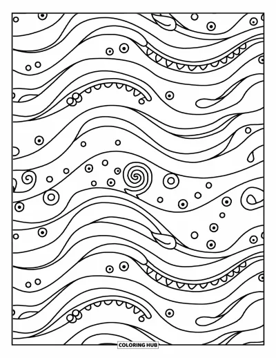 Dibujo de mandalas para colorear para adultos: Centro en espiral con ondas curvas, burbujas y patrones de puntos alrededor