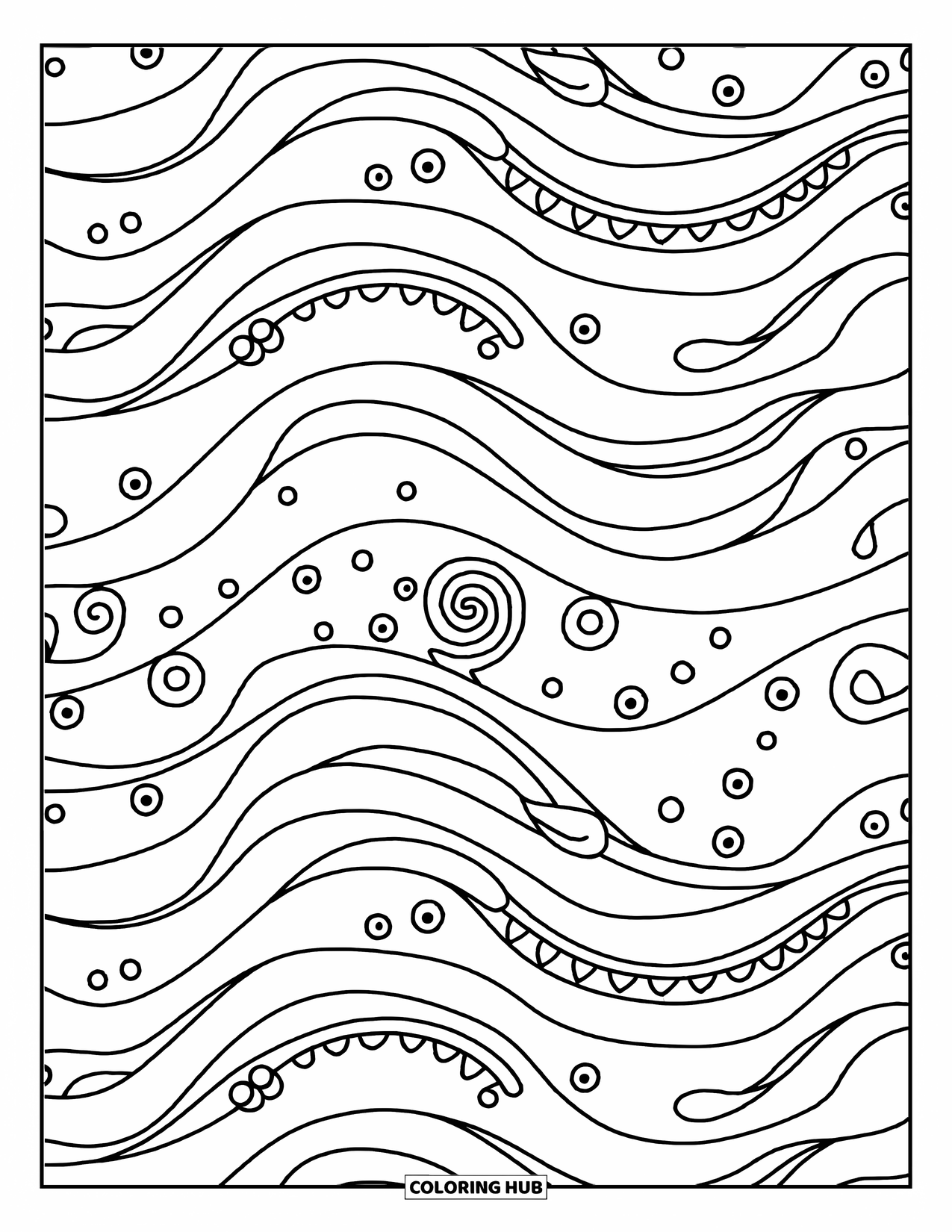 Mandala Coloring Page for Adults: Spiral center with curved waves, bubbles, and dot patterns all around