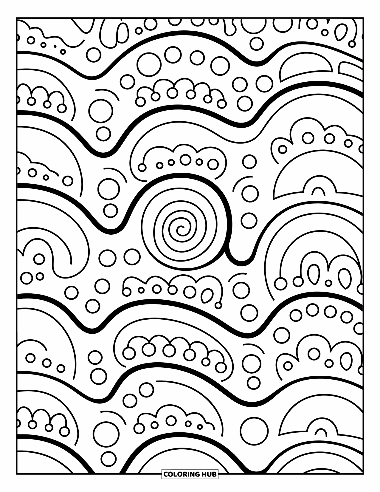 Mandala Coloring Page for Adults: Spiral in the middle with flowing wave shapes and bubbly details