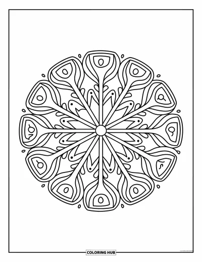 Dibujo de mandalas para colorear para adultos: Diseño de mandala con radios lleno de formas pequeñas y detalles decorativos