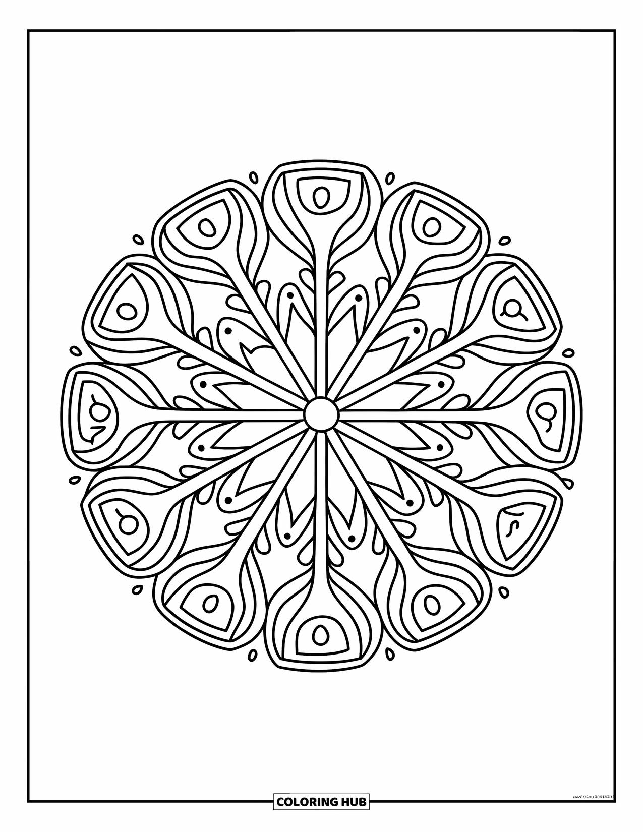 Mandala Coloring Page for Adults: Spoked mandala design filled with tiny shapes and decorative details