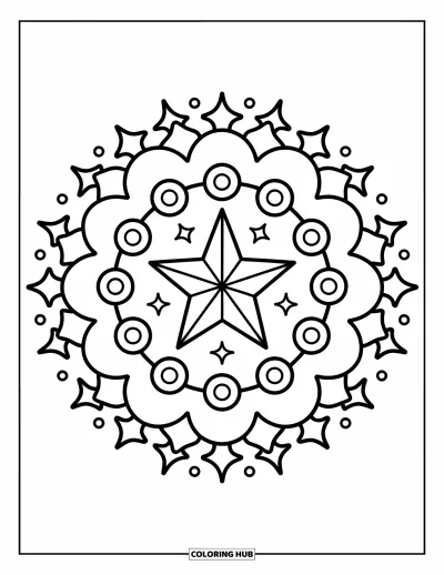 Dibujo de mandalas para colorear para adultos: Estrella en el centro con destellos flotantes, orbes y anillos estrellados en capas