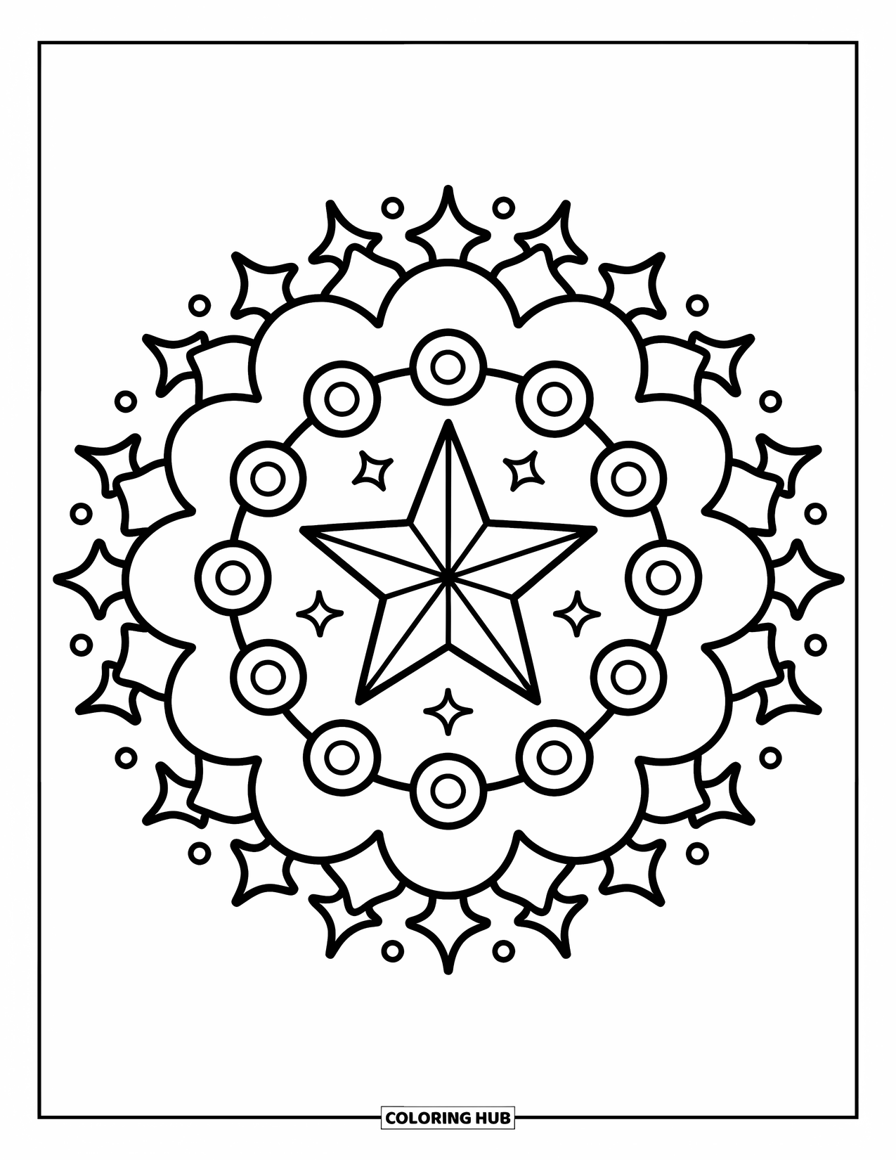 Mandala Coloring Page for Adults: Star in the center with floating sparkles, orbs, and layered star rings