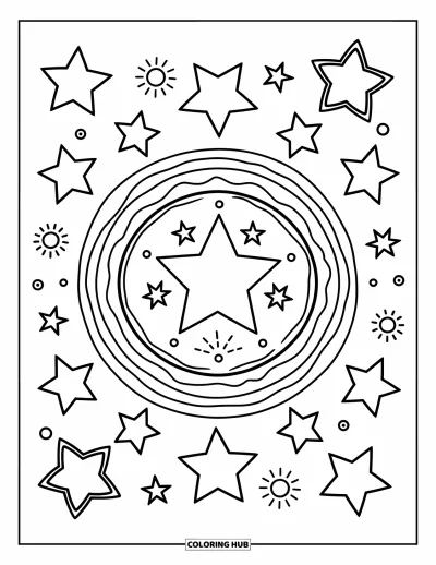 Dibujo de mandalas para colorear para adultos: Mandala de estrellas con puntos brillantes, pequeños orbes y anillos redondeados