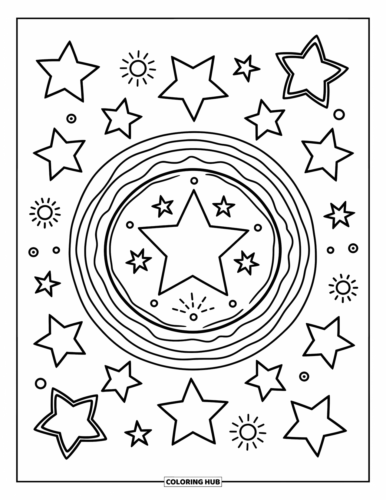 Mandala Coloring Page for Adults: Star mandala with spark dots, small orbs, and rounded rings
