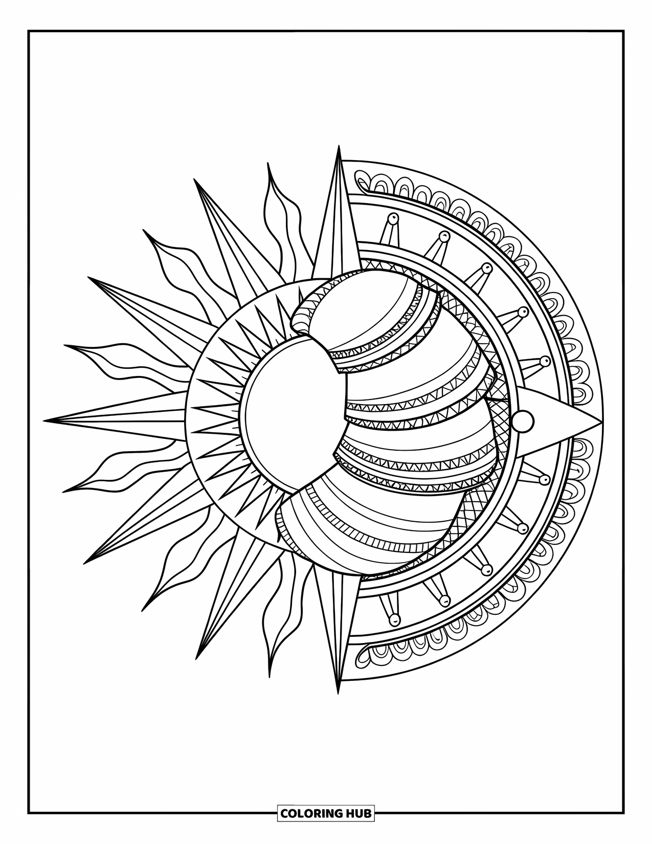 Mandala Coloring Page for Adults: Sun and moon together with celestial rings and radiant beams